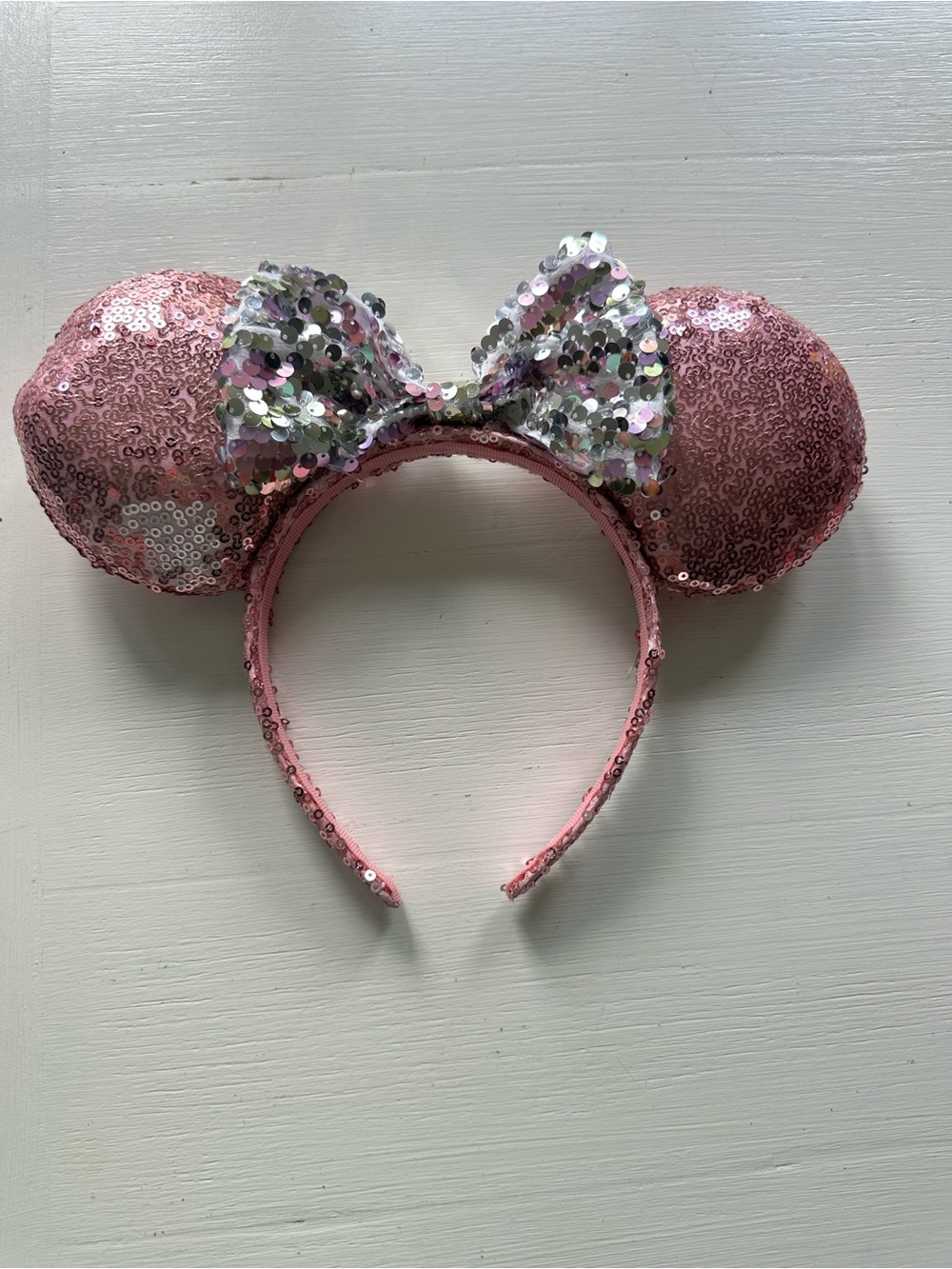 Disney Pink Sequin Minnie Ears Headband with Silver-White Bow